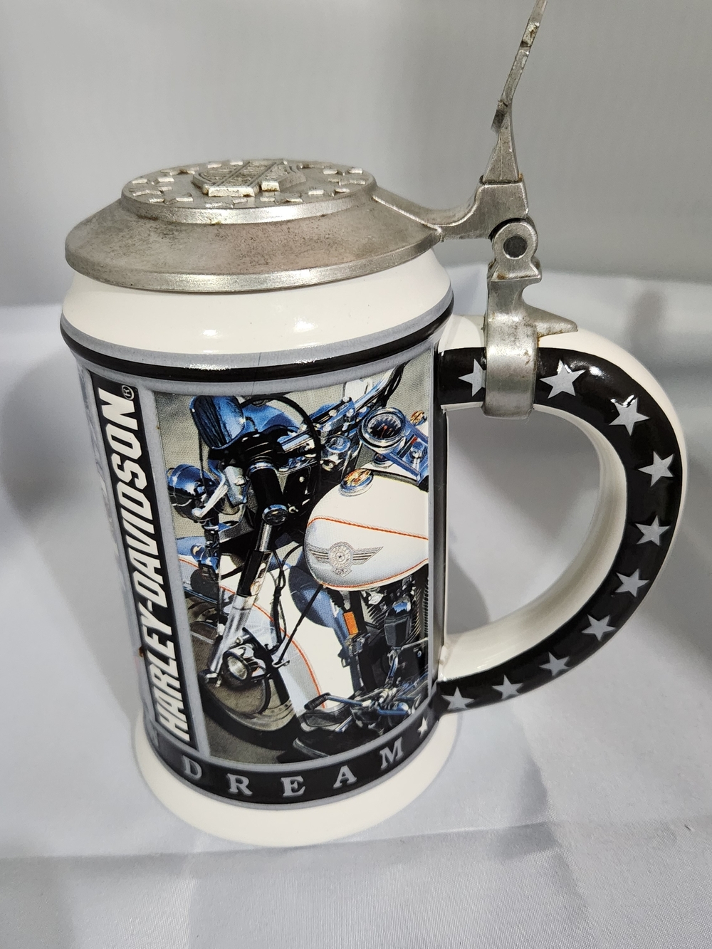 Harley-Davidson White and Black Ceramic Stein with Star-Pattern Handle